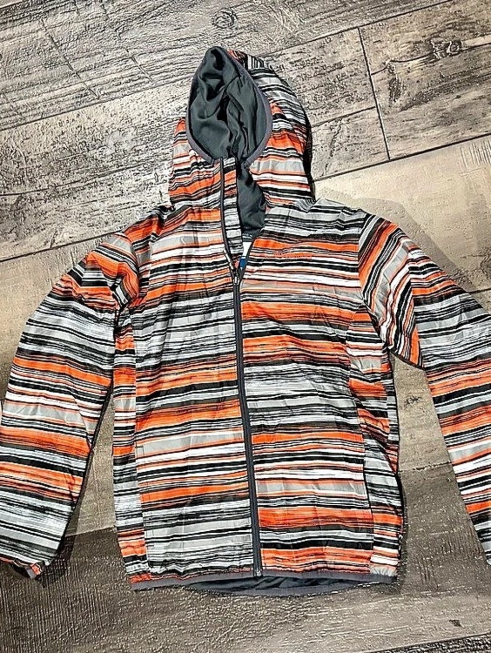 Columbia Kids Striped Hooded Puffer Jacket in Orange & Gray Size L (14/16)